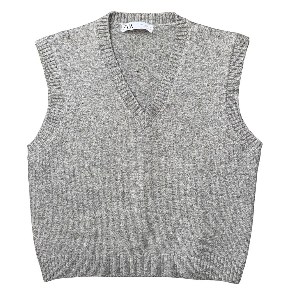 Zara Womens Heather Gray V-Neck Knit Sweater Vest Size L Sleeveless Ribbed Trim
